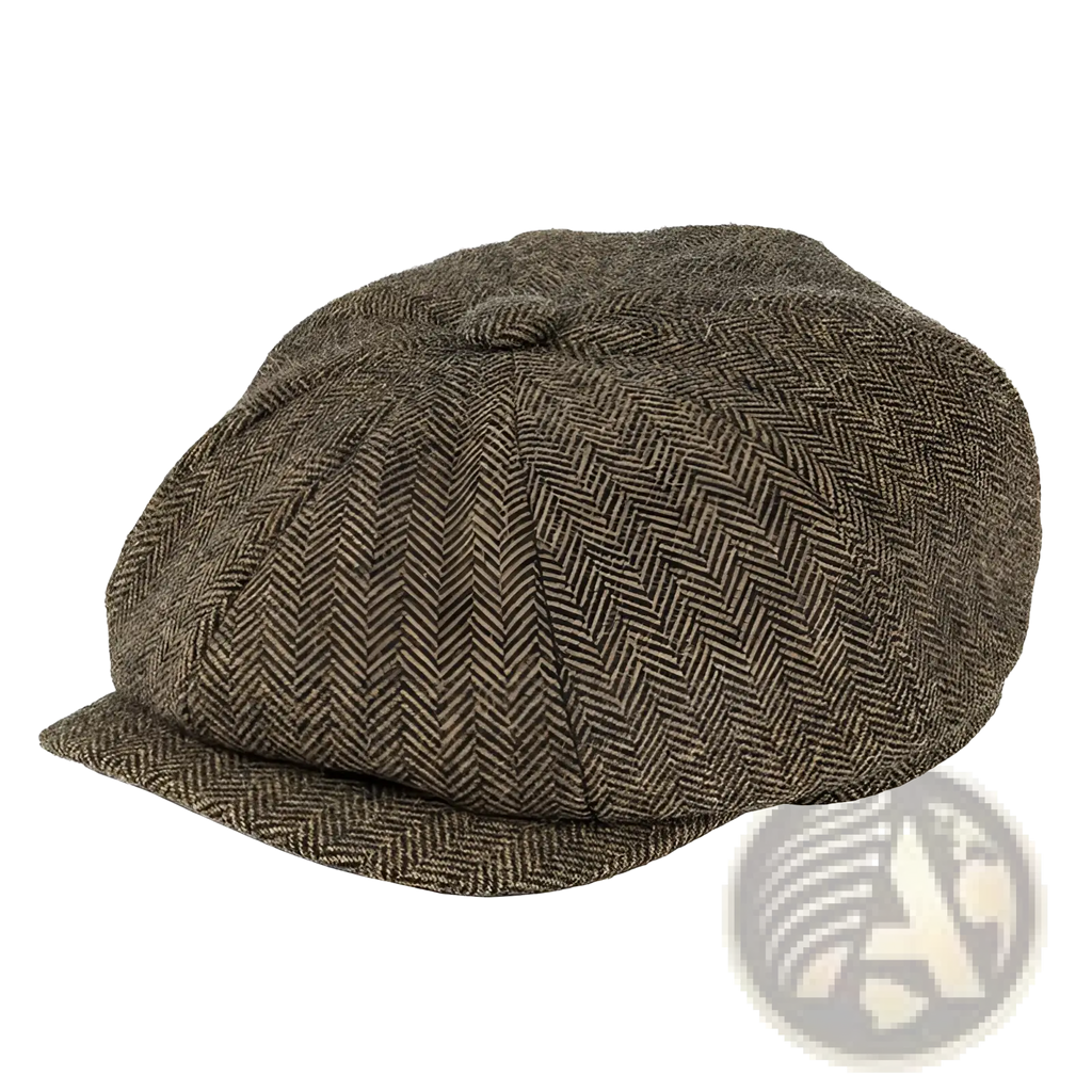 A brown herringbone tweed wool newsboy flat cap for men with an eight-panel structured design and curved brim