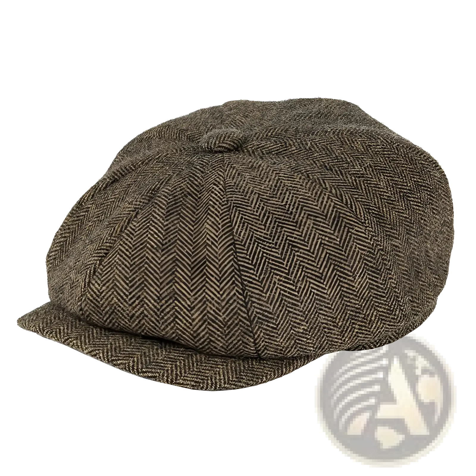 A brown herringbone tweed wool newsboy hat for men with a structured eight-panel design and curved brim