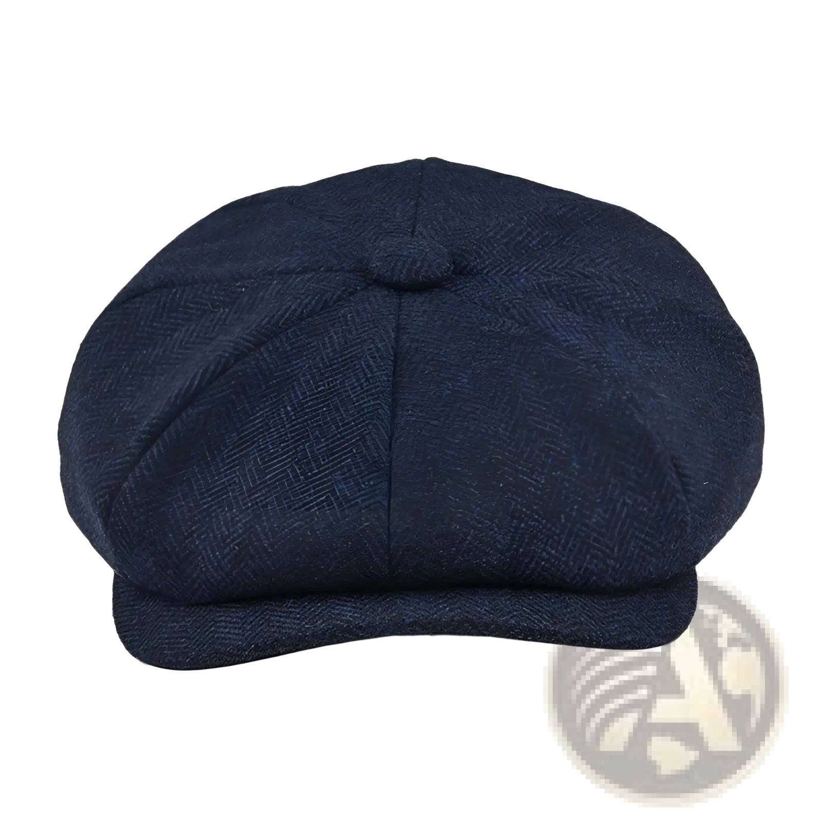 Dark blue herringbone woolen flat cap with rounded crown and stitched brim wool newsboy hat for men