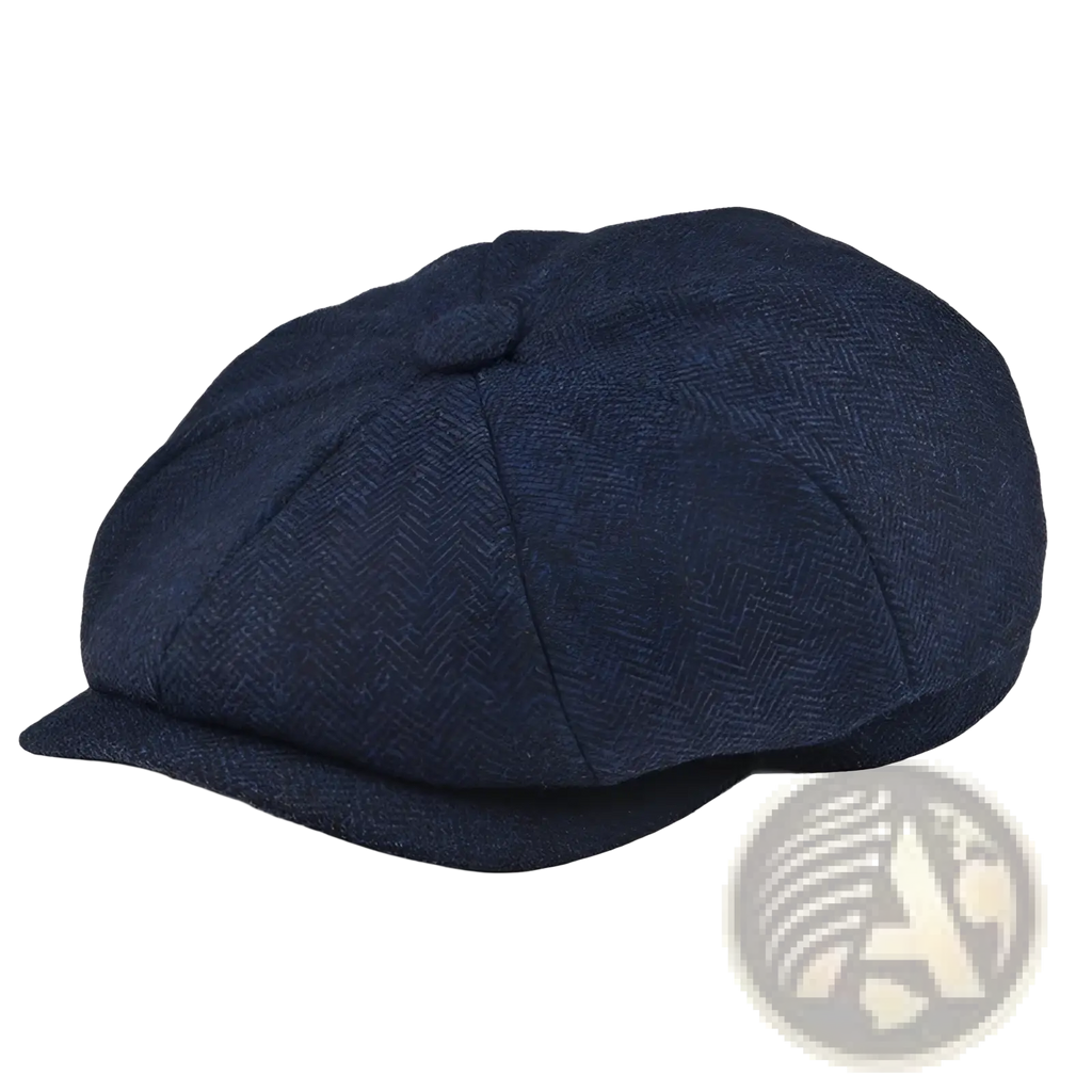 Dark blue herringbone wool newsboy hat for men with eight-panel flat cap design and small top button