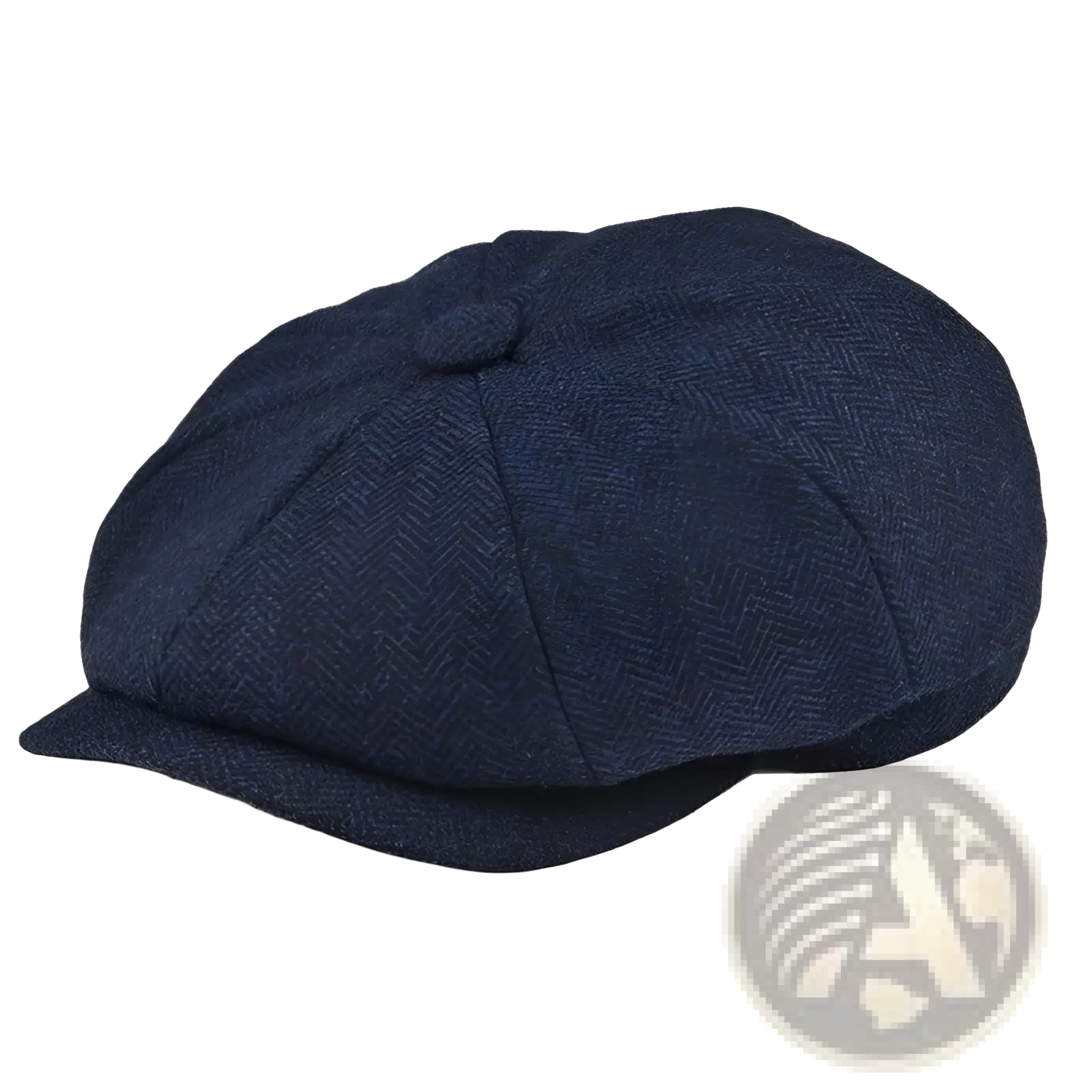 Dark blue herringbone wool newsboy hat for men with eight-panel flat cap design and small top button