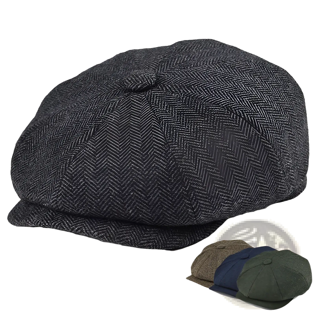 Dark gray herringbone wool newsboy hat for men made of textured woolen fabric flat cap style