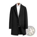 Black wool overcoat men slim business winter coat with classic double-breasted design and notched lapels over white turtleneck