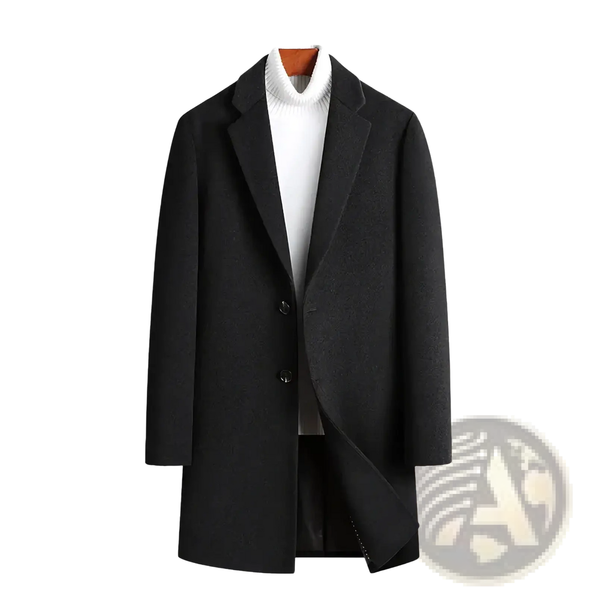 Black wool overcoat men slim business winter coat with classic double-breasted design and notched lapels over white turtleneck