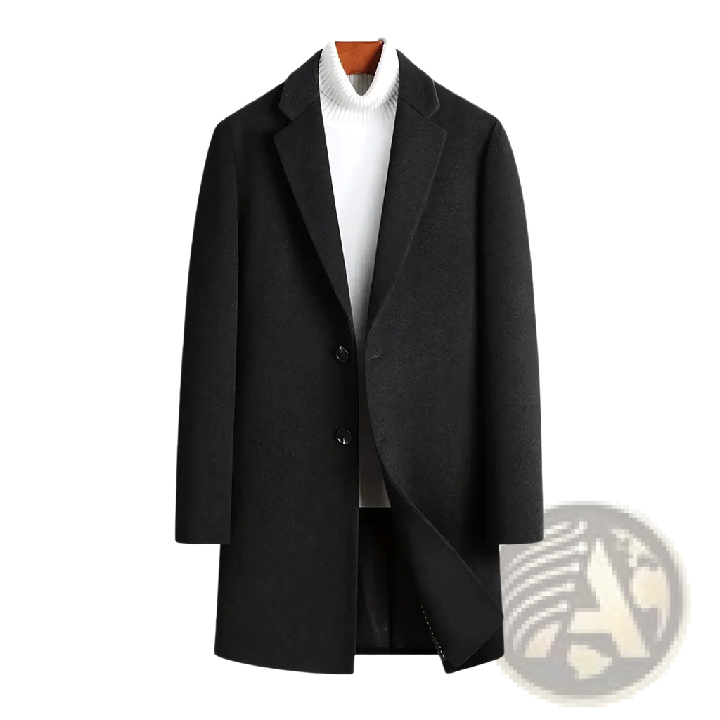 Black wool overcoat men slim business winter coat with notched lapels and two front buttons worn over white turtleneck
