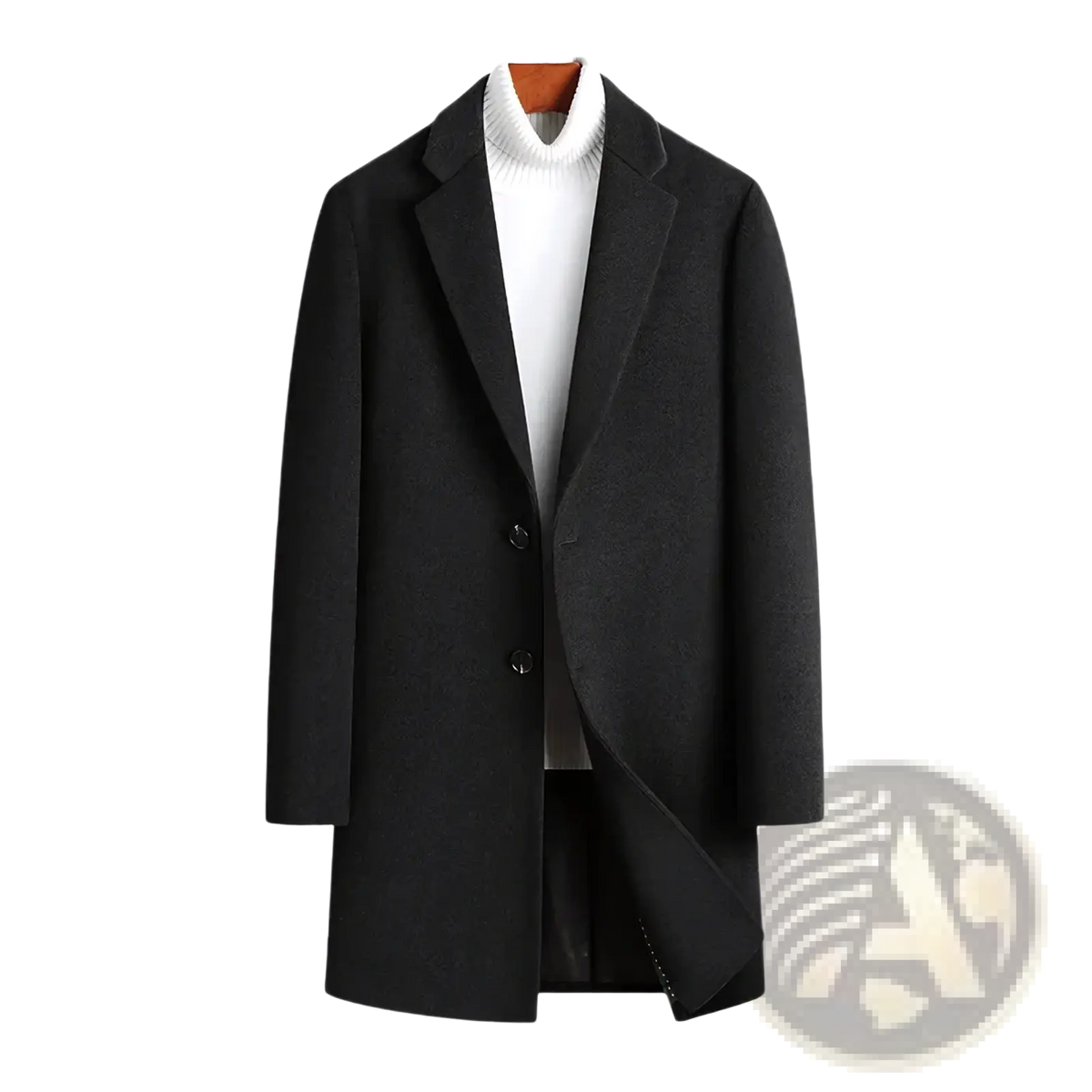 Black wool overcoat men slim business winter coat with notched lapels and two front buttons worn over white turtleneck