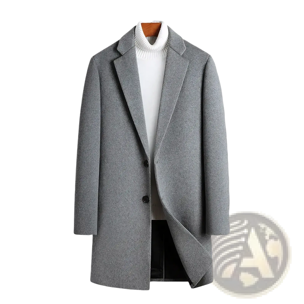 Gray wool overcoat men slim business winter coat with notched lapels and black buttons displayed on wooden hanger