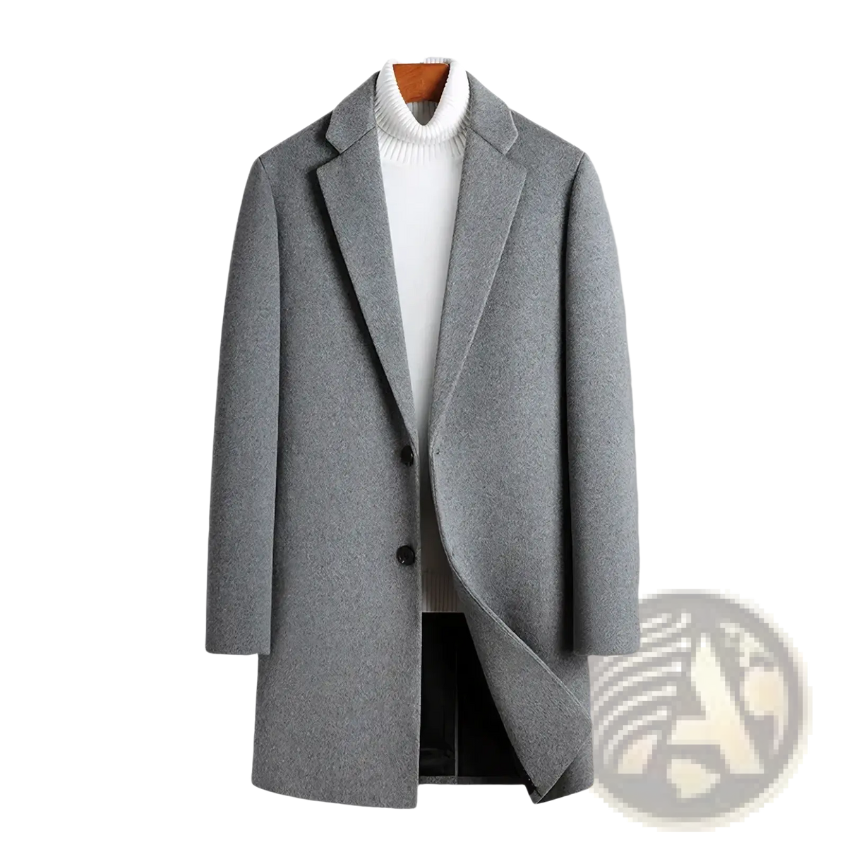 Gray wool overcoat men slim business winter coat with notched lapels and black buttons displayed on wooden hanger