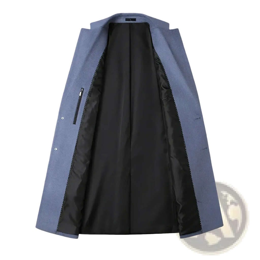 A sleek light blue wool overcoat for men with black satin lining and subtle side pockets ideal for winter business wear