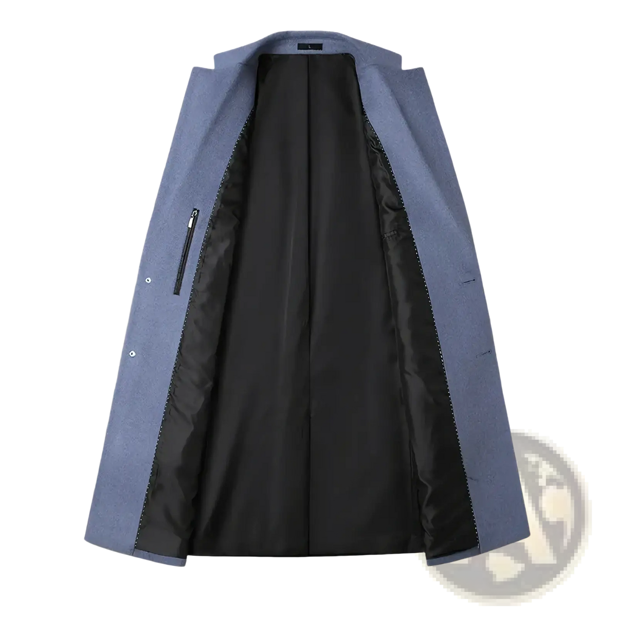 A sleek light blue wool overcoat for men with black satin lining and subtle side pockets ideal for winter business wear