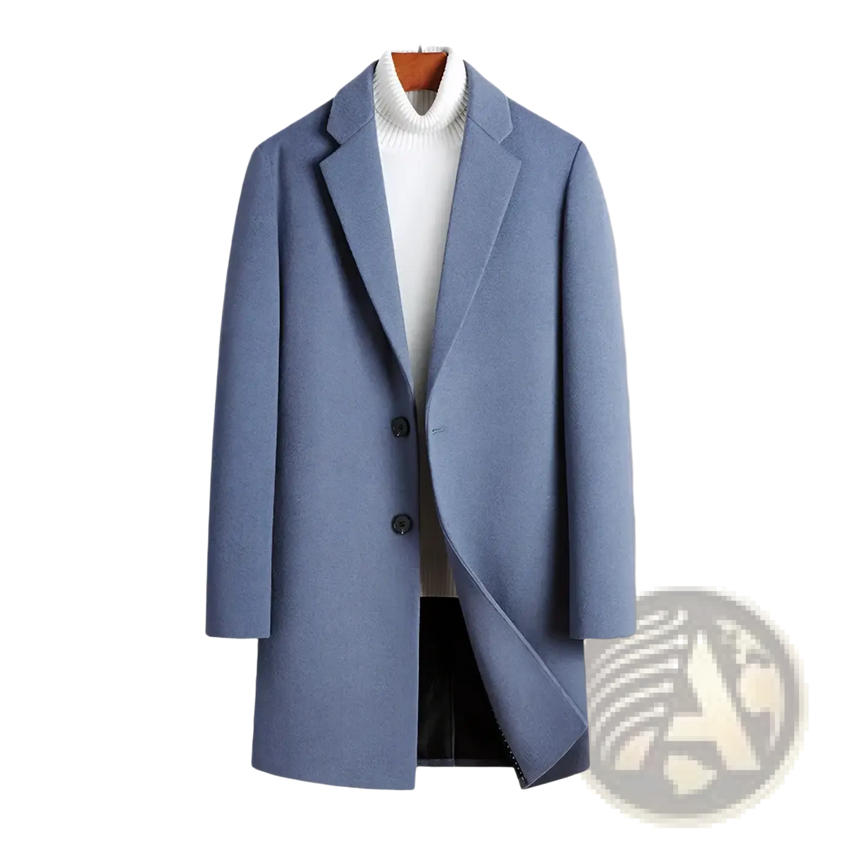 A sleek light blue wool overcoat for men with double breasted design and black buttons for business winter wear
