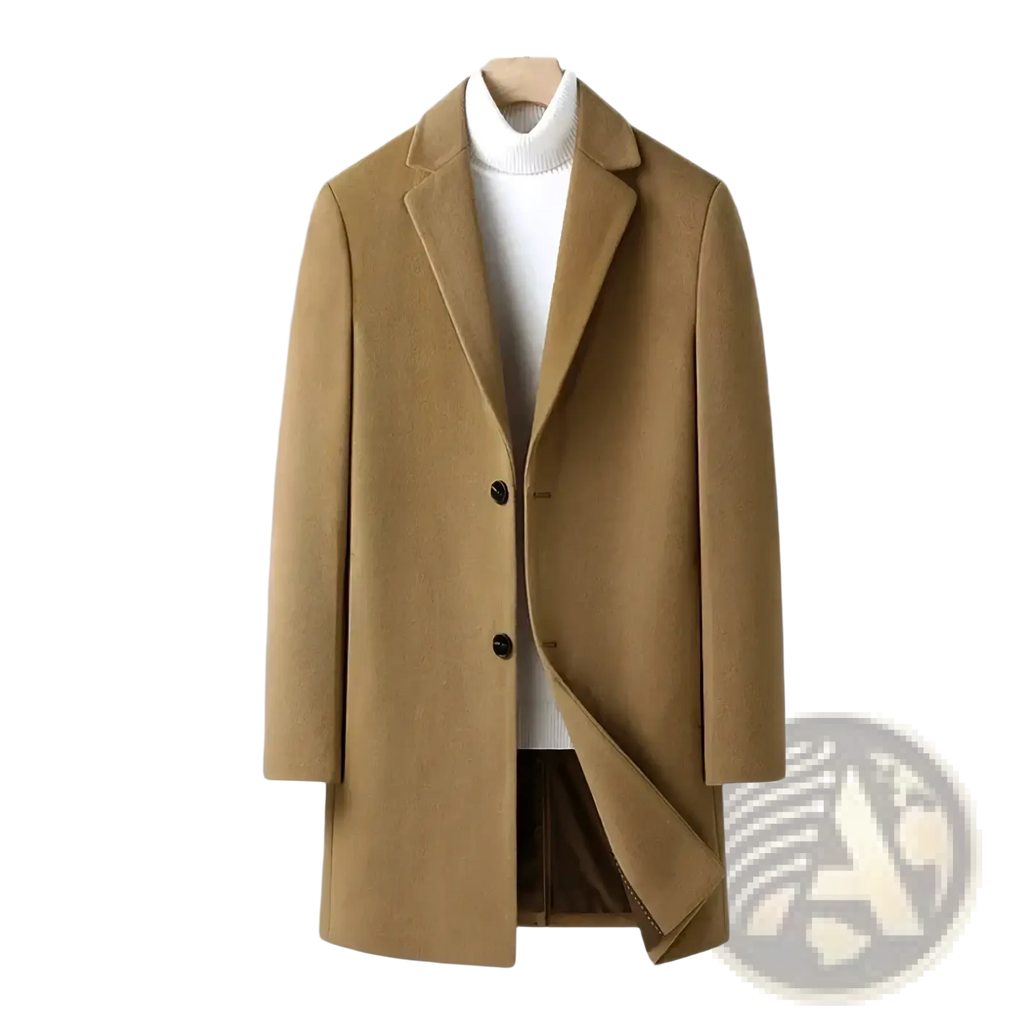Tan wool overcoat men slim business winter coat with black buttons and a notched collar in wool material