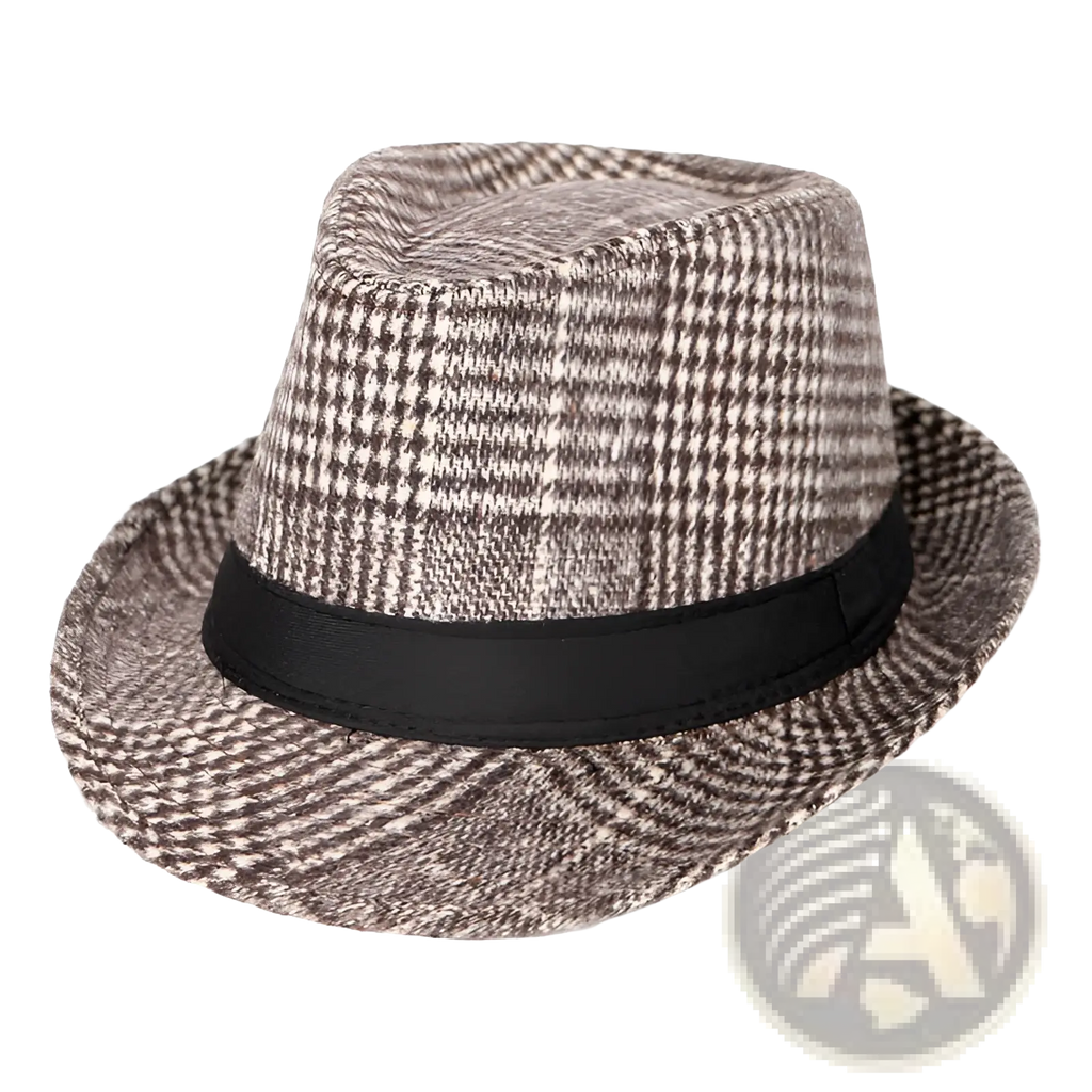Wool plaid fedora hat for men in classic brown and white houndstooth with black ribbon band vintage British style