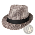 Wool plaid fedora hat for men in classic brown and white houndstooth with black ribbon band vintage British style