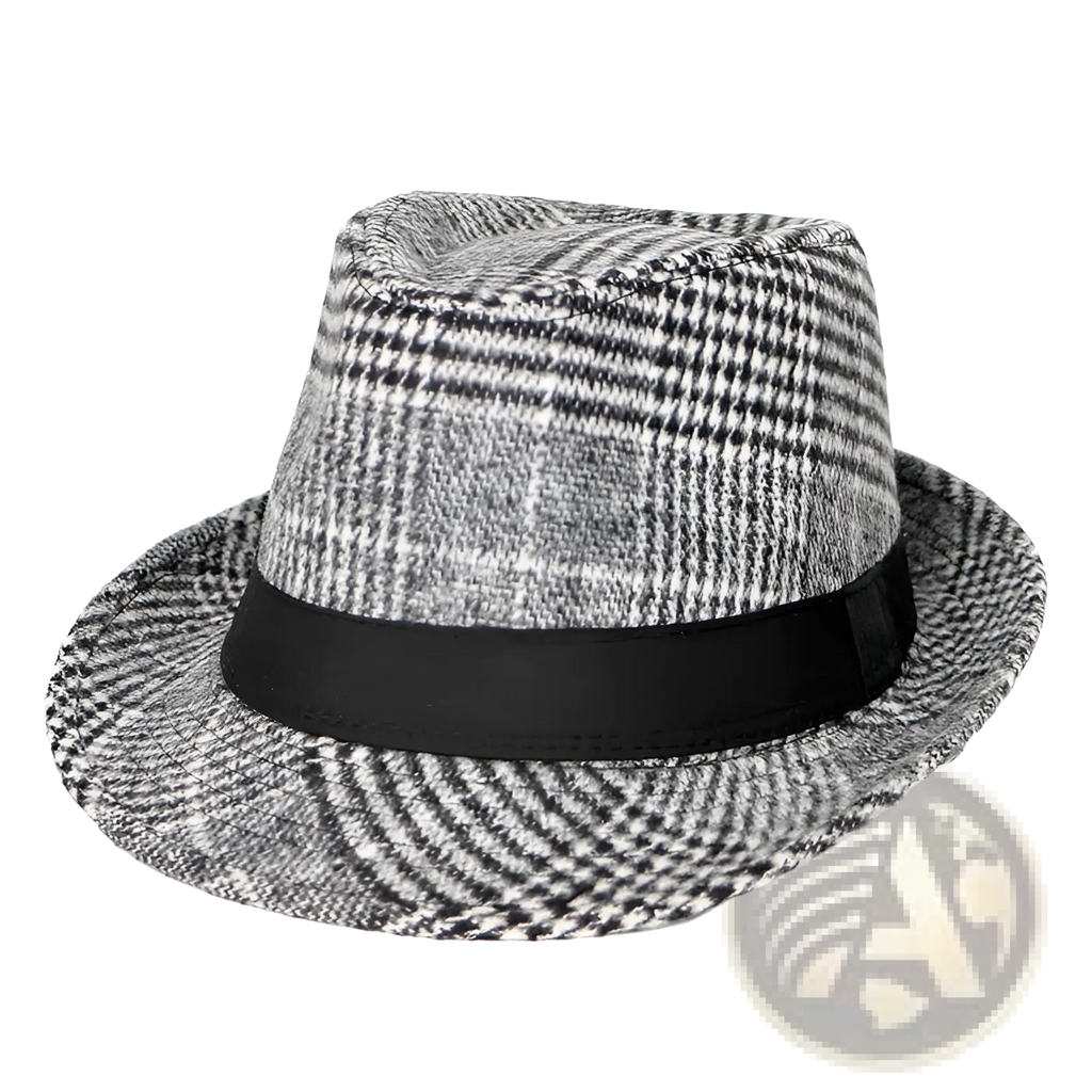 Wool plaid fedora hat for men featuring a classic black and gray houndstooth pattern with a smooth black ribbon band