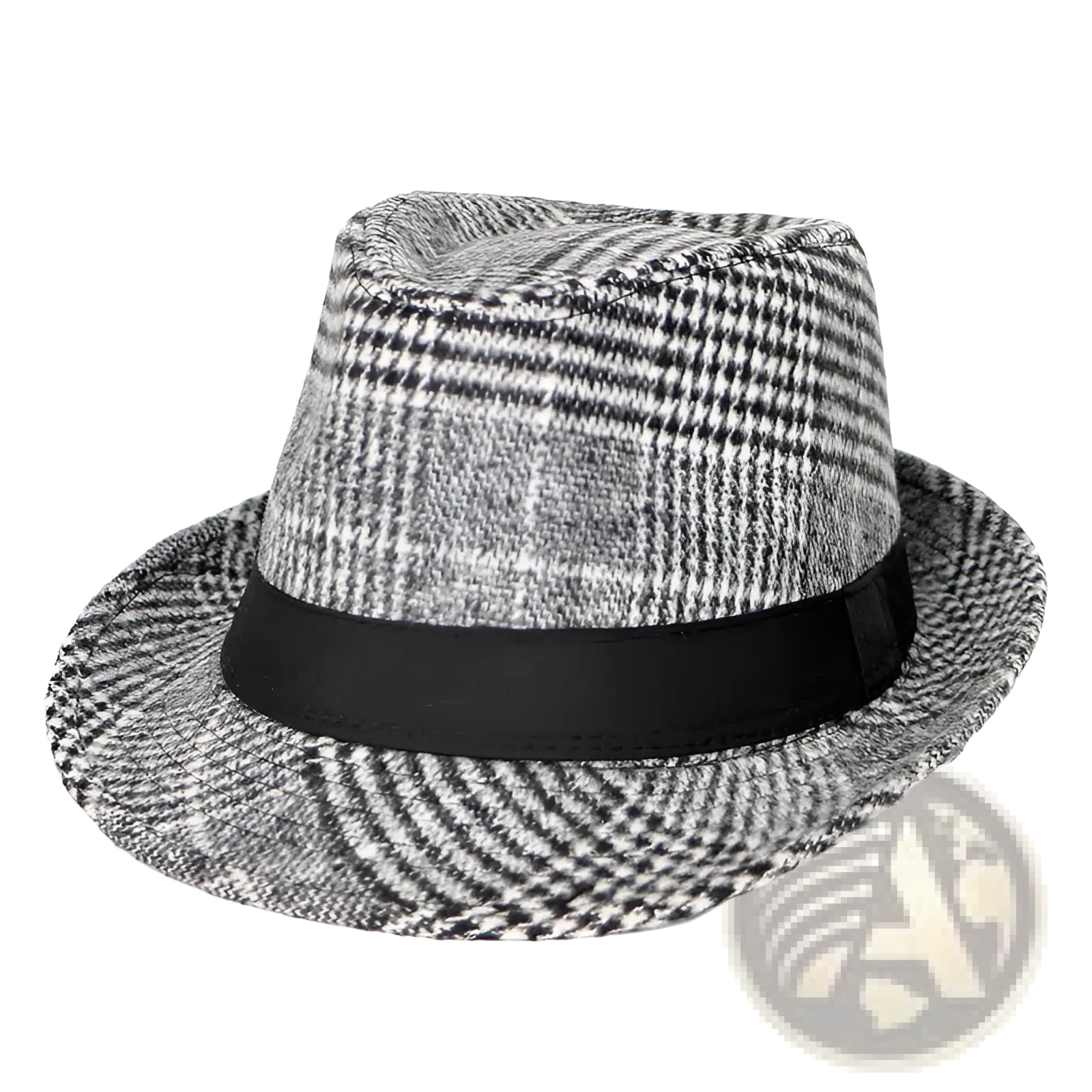 Wool plaid fedora hat for men featuring a classic black and gray houndstooth pattern with a smooth black ribbon band