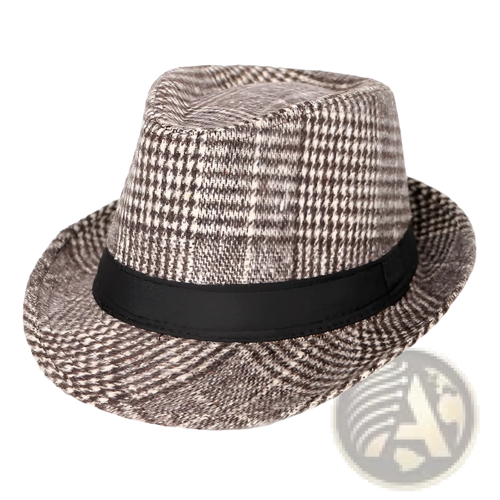 Wool plaid fedora hat for men featuring a classic brown and white houndstooth pattern with a black ribbon band