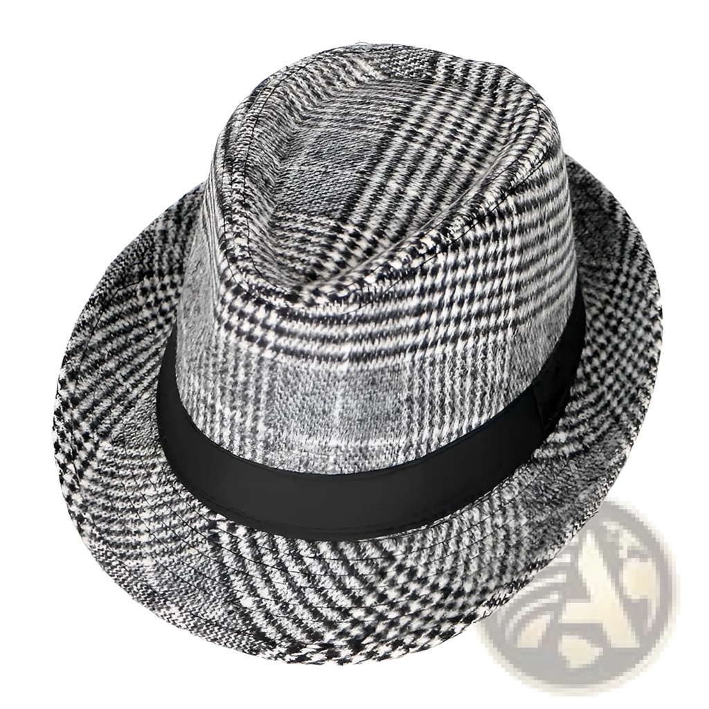 Wool plaid fedora hat for men featuring a classic black and white houndstooth pattern with a black ribbon band