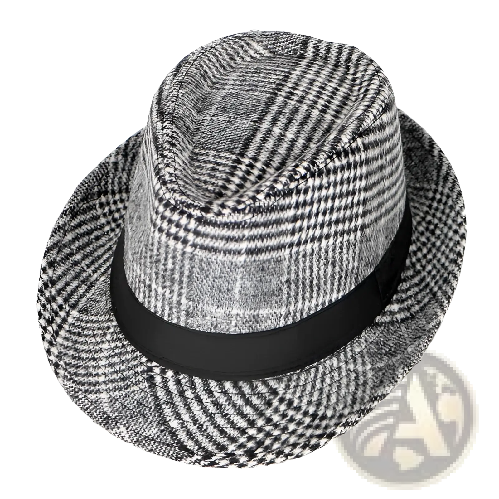 Wool plaid fedora hat for men featuring a classic black and white houndstooth pattern with a black ribbon band