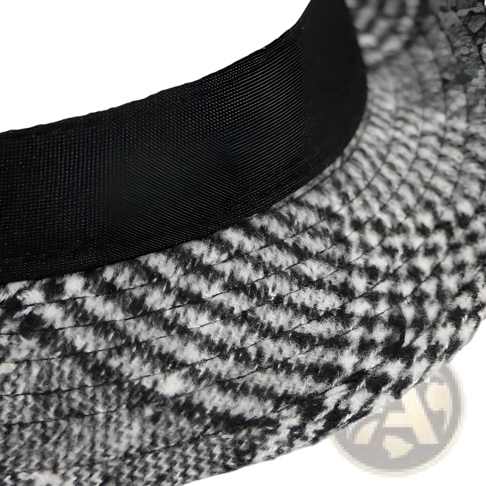 Black and white herringbone-patterned wool fedora hat for men with a smooth black ribbon band vintage British style