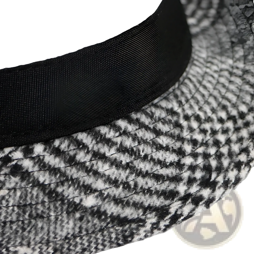Black and white herringbone-patterned wool fedora hat for men with a smooth black ribbon band vintage British style
