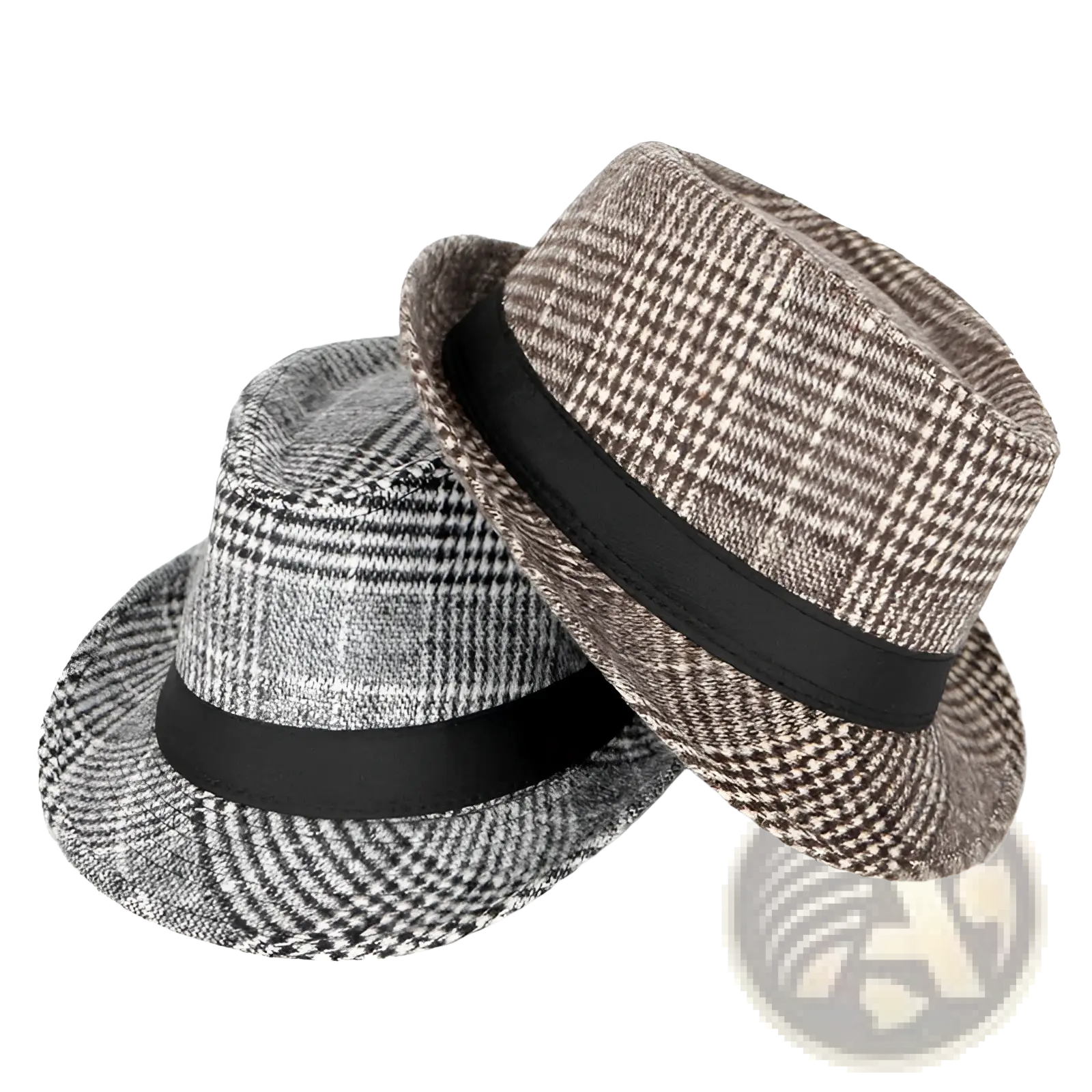 Two wool plaid fedora hats for men vintage british style in black white and brown cream houndstooth wool blend