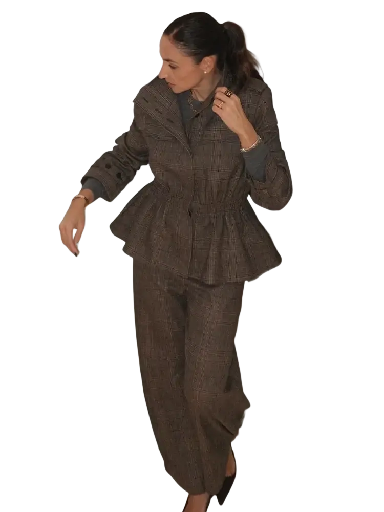 Brown wool plaid peplum blazer with cinched waist and matching trousers suit for formal wear