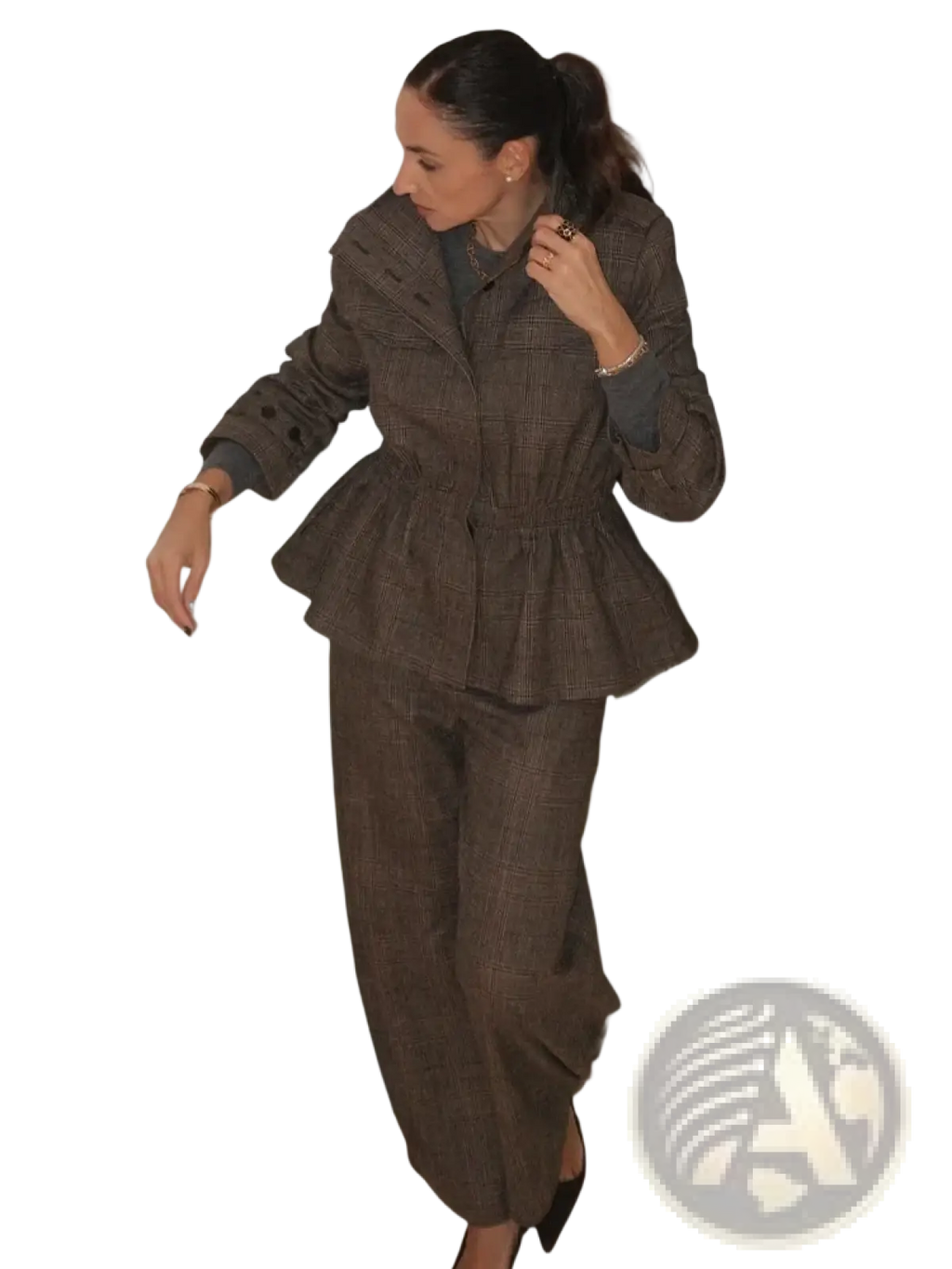 Brown wool plaid peplum blazer with cinched waist and matching trousers suit for formal wear