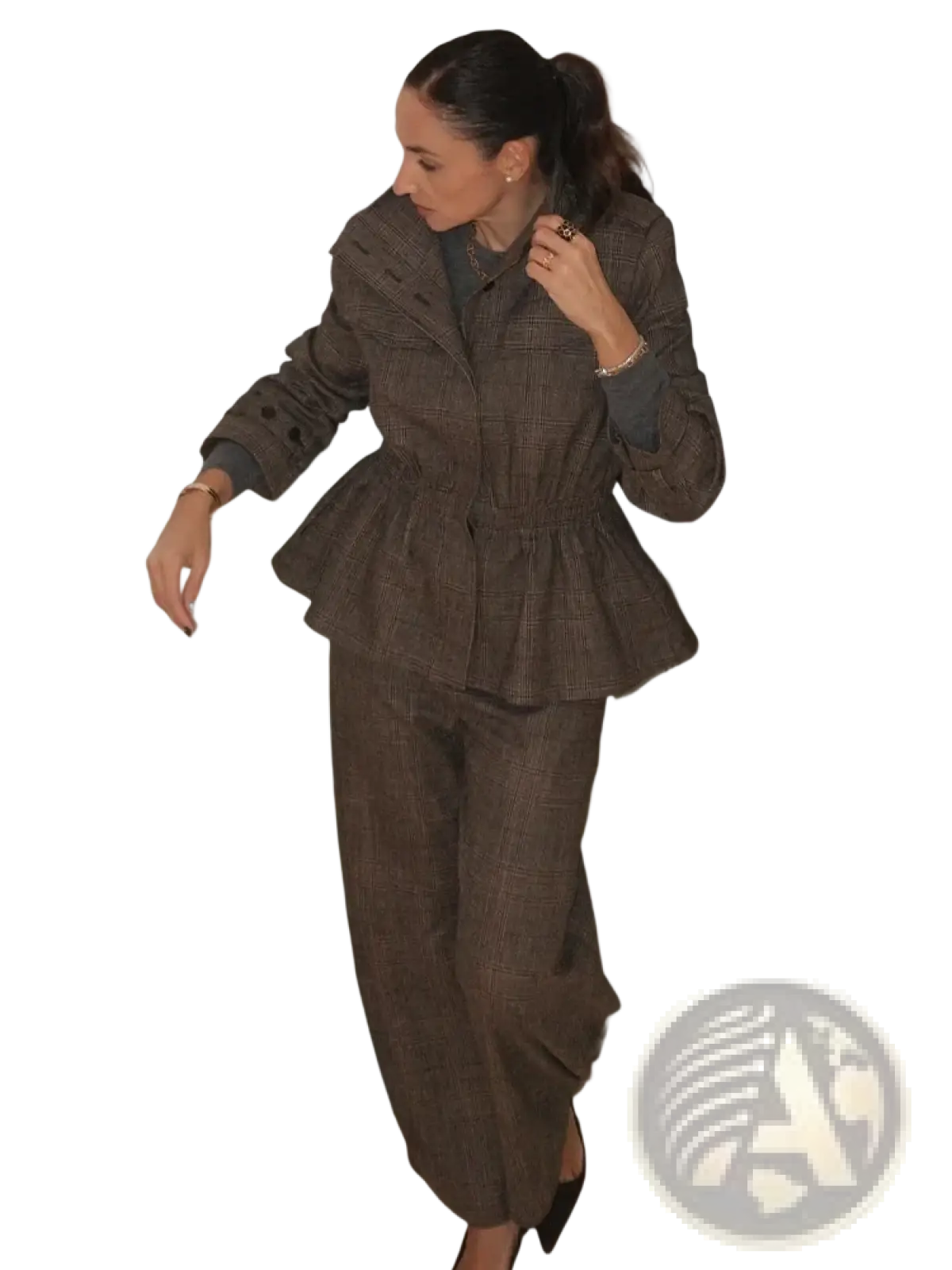 Brown wool plaid peplum blazer with cinched waist and matching trousers suit for formal wear