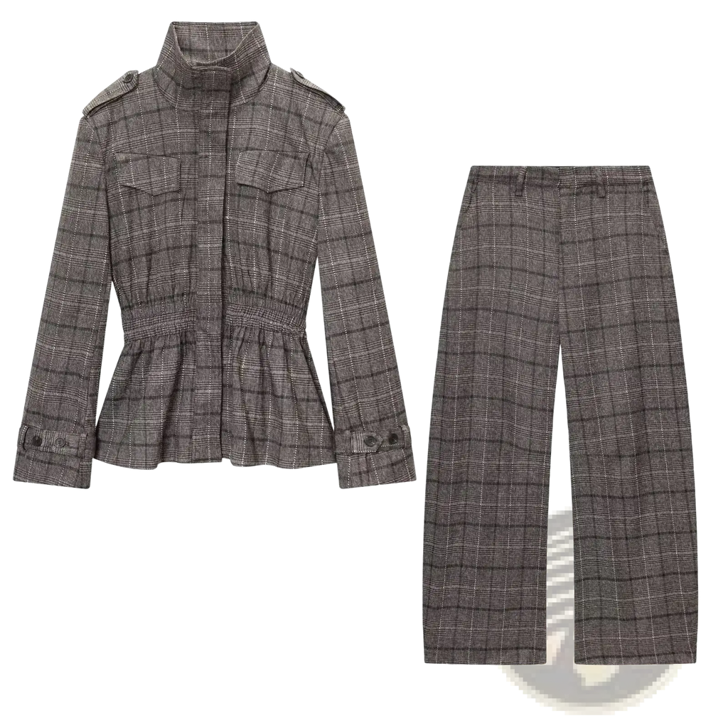 Gray wool plaid peplum blazer with matching wide-leg trousers suit for a stylish professional look