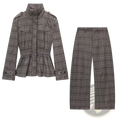 Gray wool plaid peplum blazer with matching wide-leg trousers suit for a stylish professional look