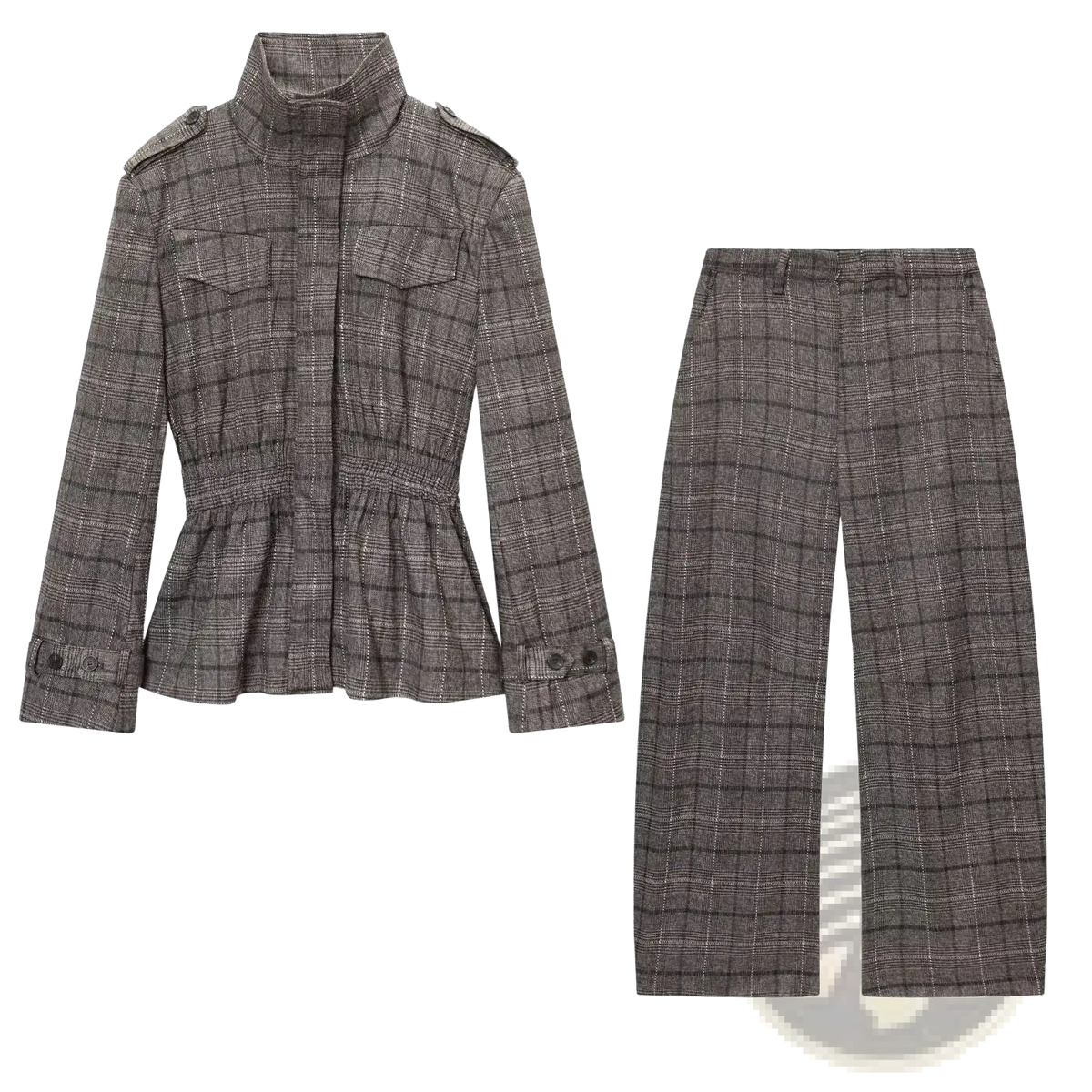 Gray wool plaid peplum blazer with matching wide-leg trousers suit for a stylish professional look
