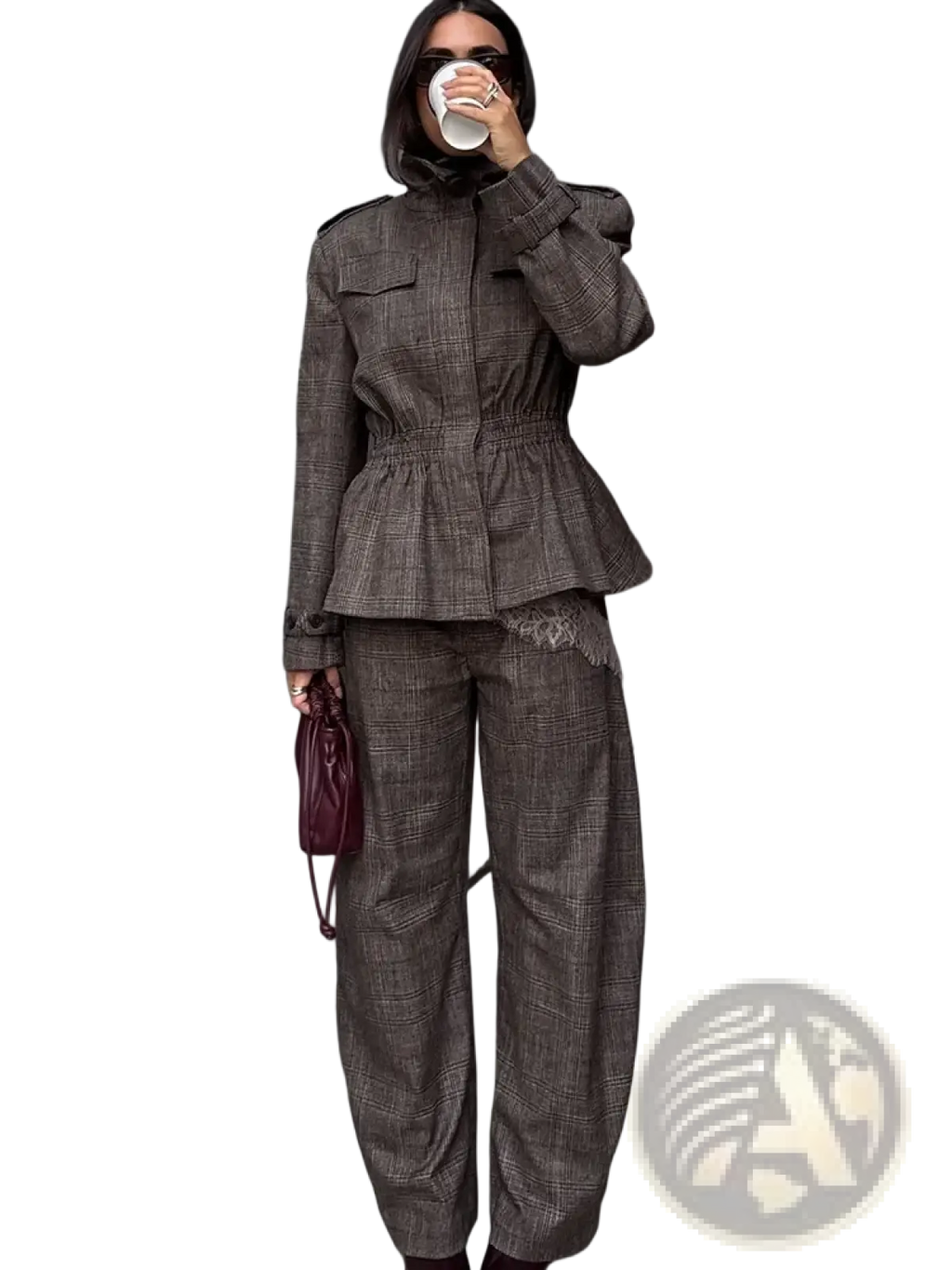 A burgundy leather mini crossbody bag with a structured slouchy design and top handle paired with a wool plaid peplum blazer and trousers suit