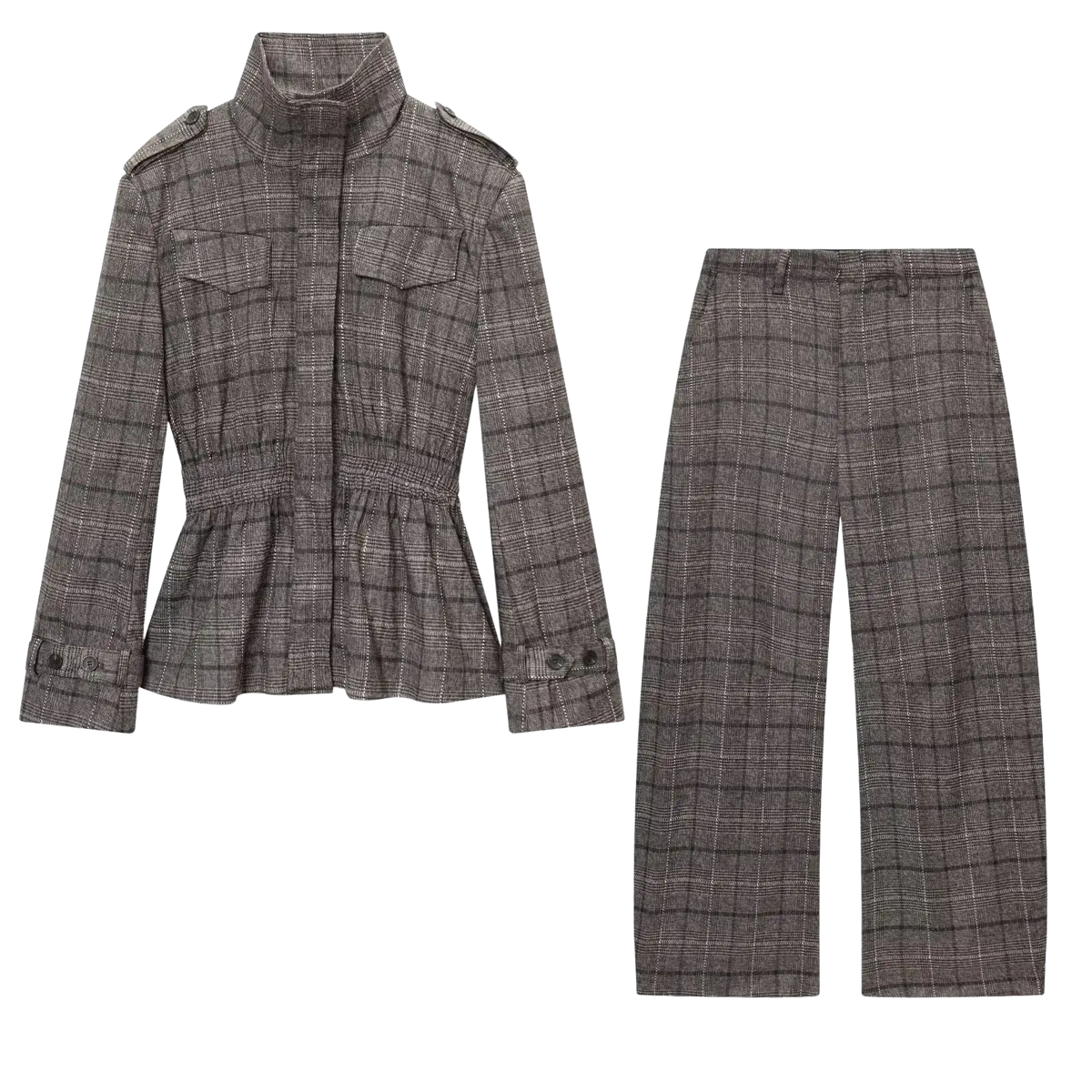 Gray wool plaid peplum blazer with matching wide-leg trousers suit for a stylish professional look