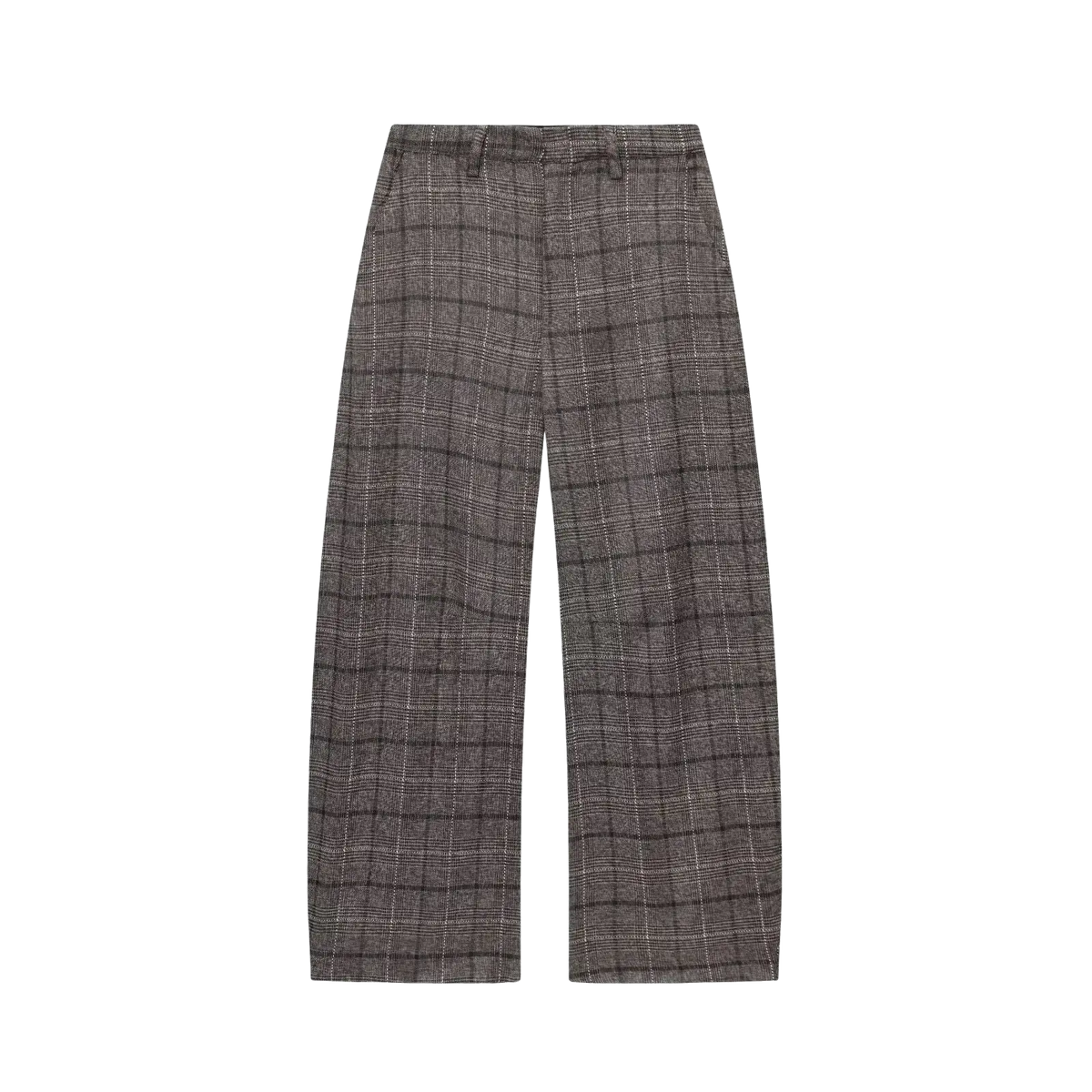 Gray plaid wool wide-leg trousers with a subtle textured weave from a peplum blazer and trousers suit
