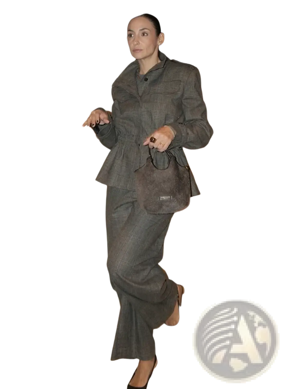 A structured dark gray wool plaid peplum blazer with matching trousers suitable for formal occasions