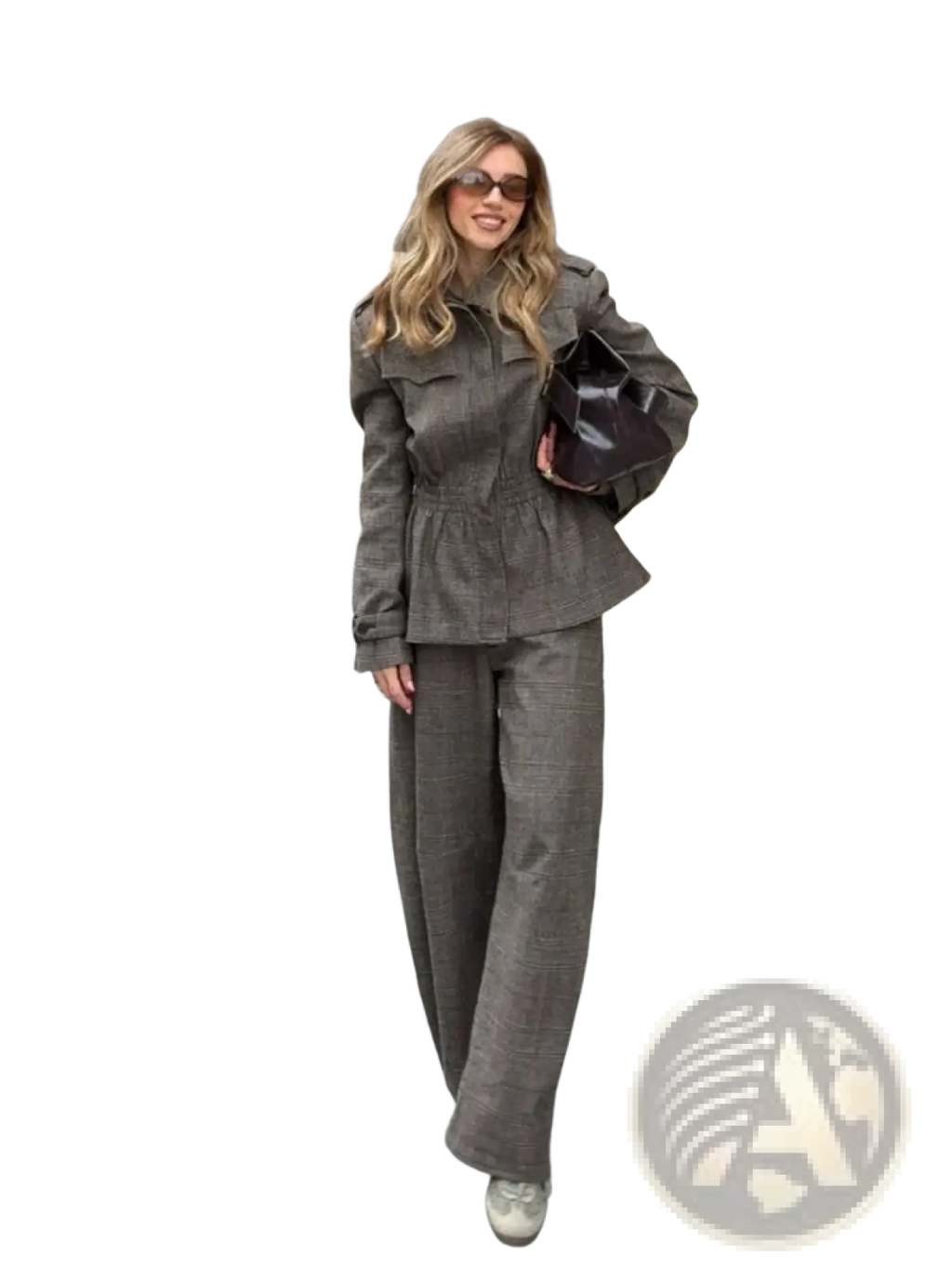 A structured gray wool plaid peplum blazer with belted waist and long sleeves from a suit set