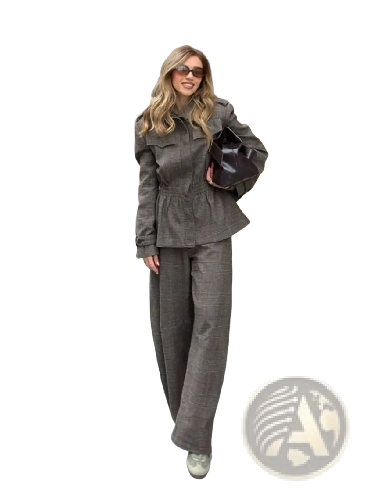 A structured gray wool plaid peplum blazer with belted waist and long sleeves from a suit set