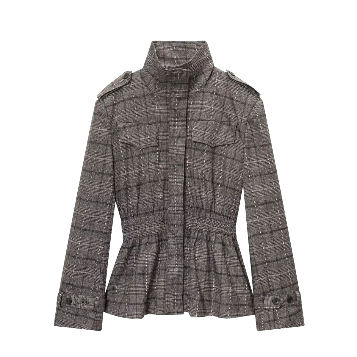 A stylish gray wool plaid peplum blazer with high collar and buttoned cuffs from the suit set