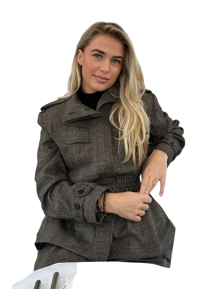 A stylish olive green wool plaid peplum blazer with classic collar and buttoned cuffs for sophisticated wear