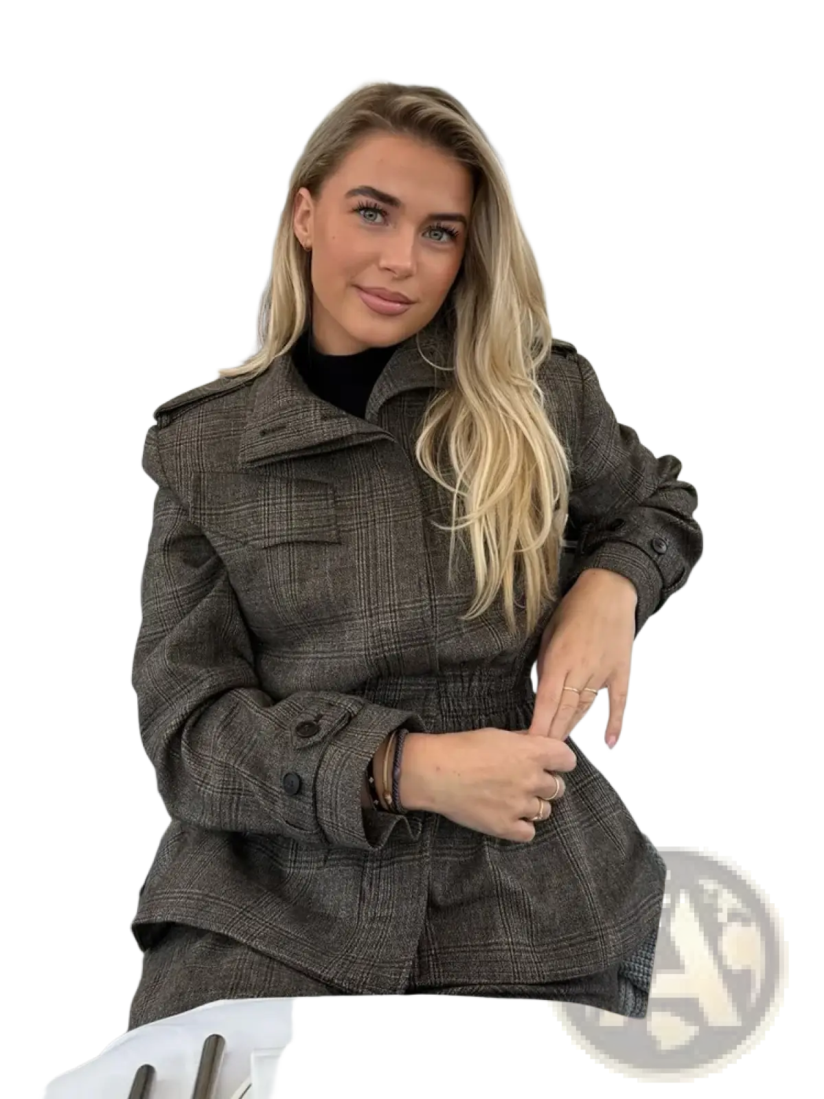 A stylish olive green wool plaid peplum blazer with classic collar and buttoned cuffs for sophisticated wear