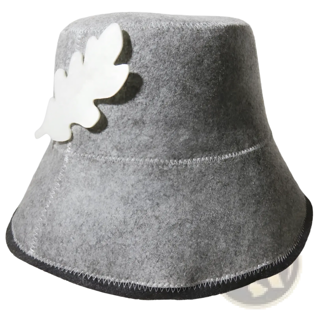 Gray wool felt sauna bucket hat with white oak leaf appliqué for heat insulation and hair protection