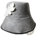 Gray wool felt sauna bucket hat with white oak leaf appliqué for heat insulation and hair protection