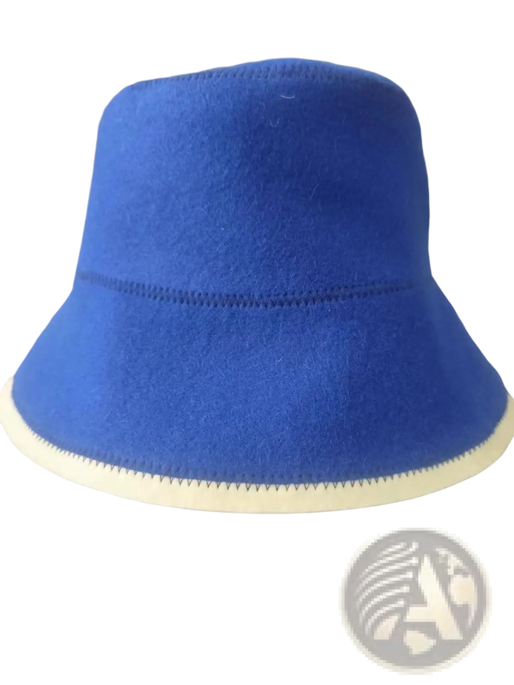 A vibrant royal blue wool sauna felt bucket hat with cream stitched trim for heat insulation and hair protection