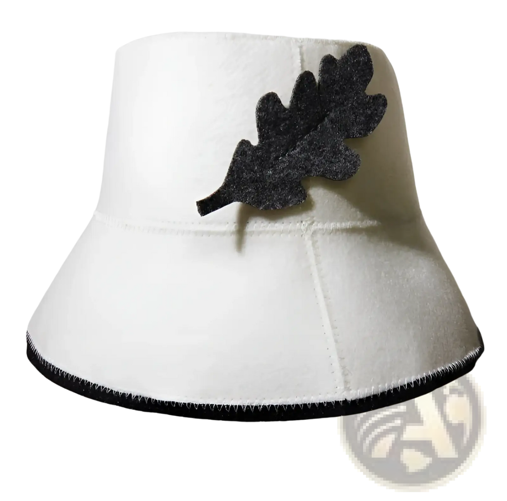 White wool sauna felt bucket hat with black felt oak leaf accent for heat insulation and hair protection