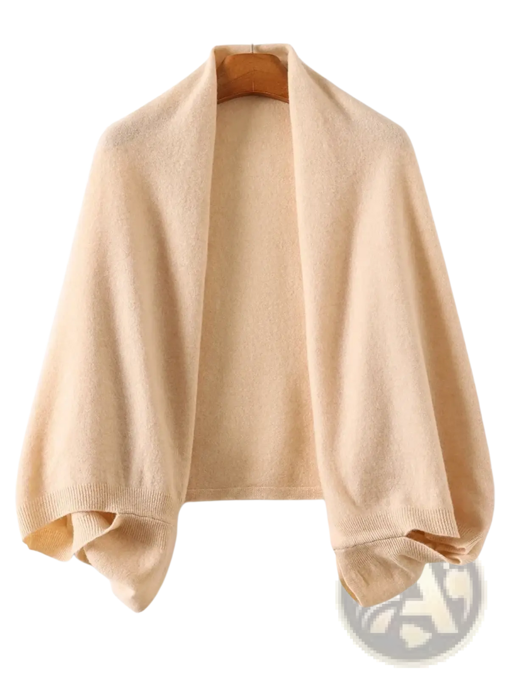 Beige knitted wool shawl wrap scarf for women draped over wooden hanger showcasing its texture and warmth