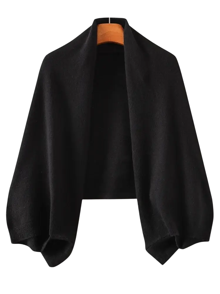 Black knitted wool shawl wrap scarf for women with wide draped sleeves and soft textured fabric