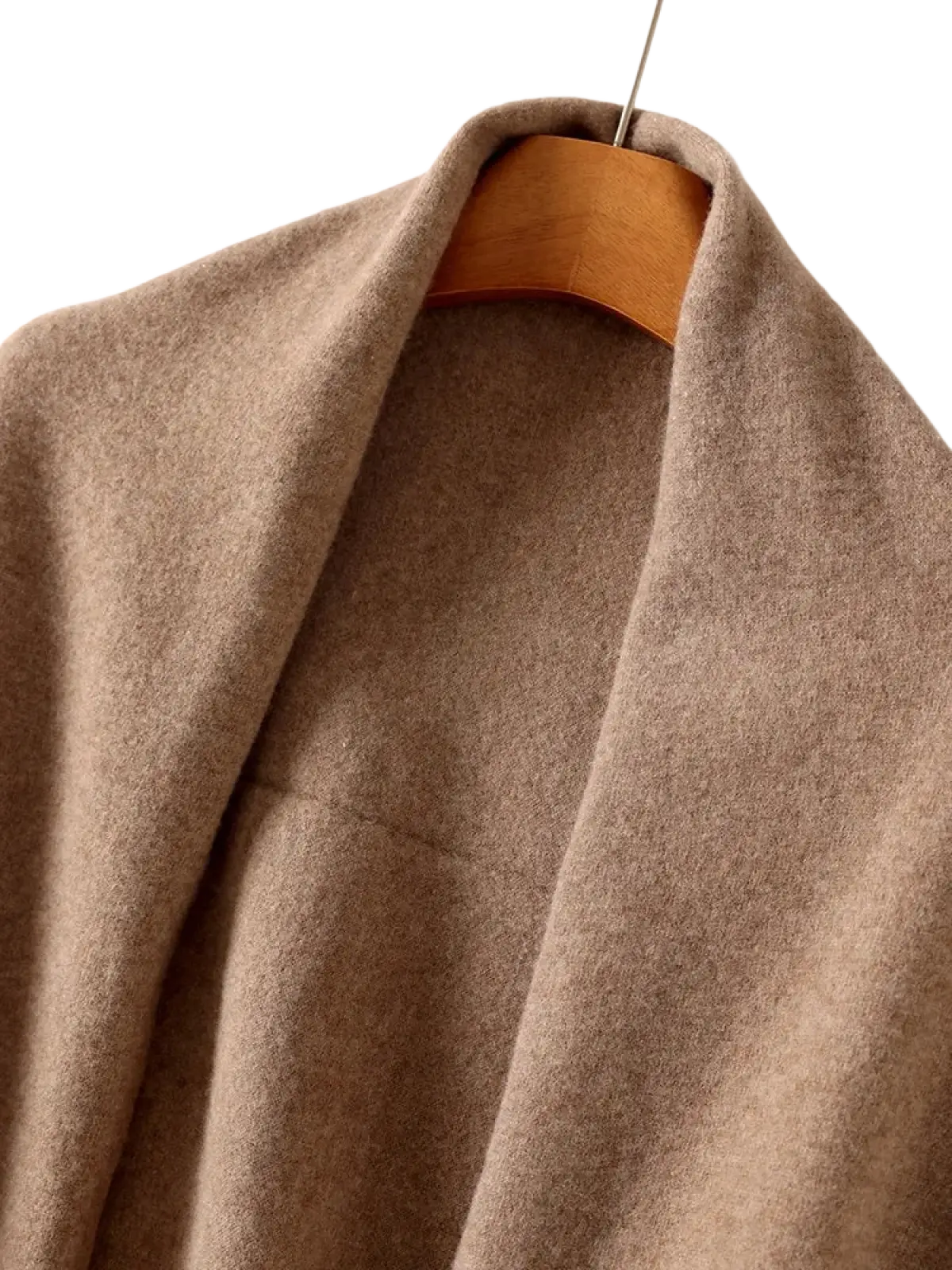 A soft camel-colored wool shawl wrap scarf for women with cozy textured fabric and a classic collar