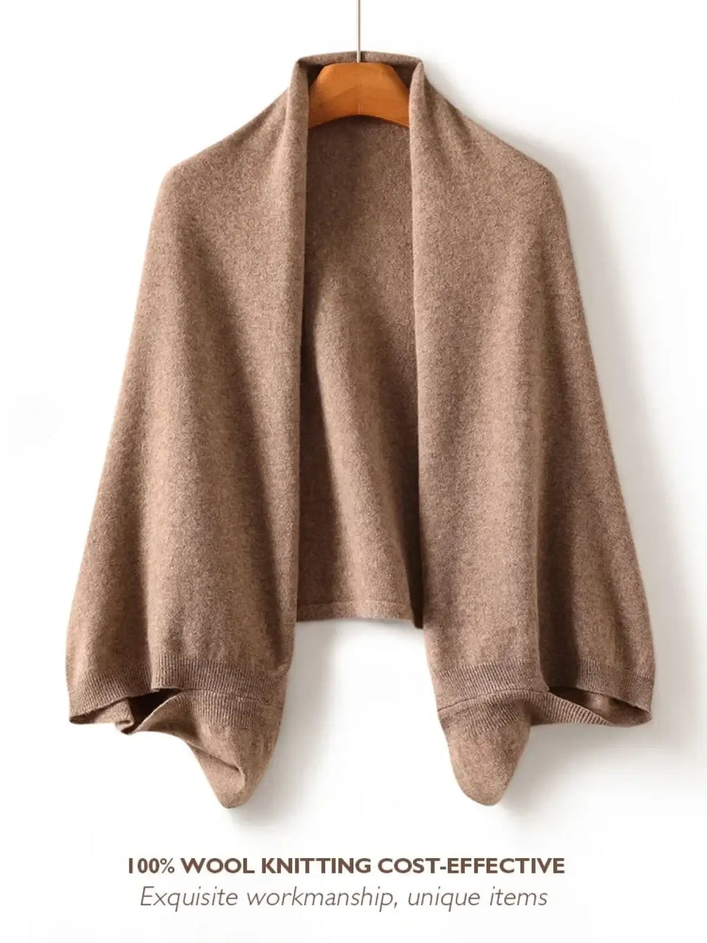 A soft camel-colored wool shawl wrap scarf for women with a cozy draped knit design