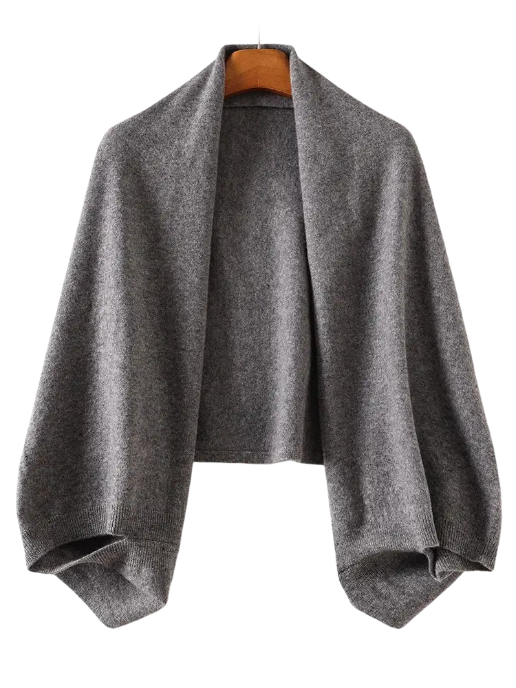 A soft heather gray wool shawl wrap scarf for women featuring a knit cardigan style with draped open front and ribbed cuffs